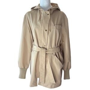 Vintage 80s Etienne Aigner Tan Hooded Jacket Snap Zip Belted Womens 10